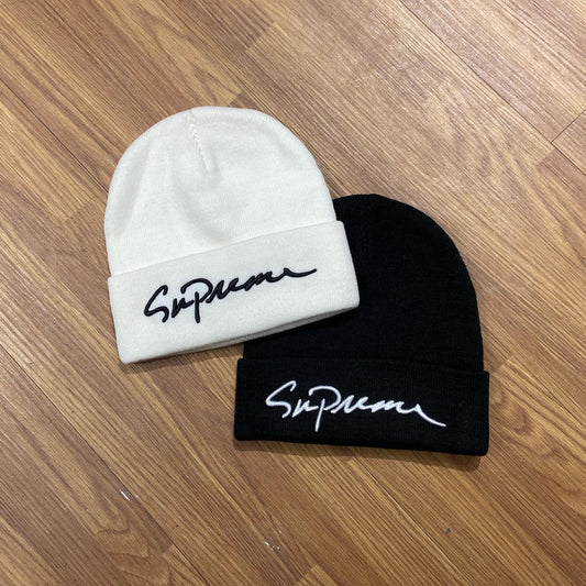 Supreme Classic Script Logo Beanie Black White