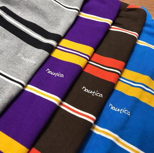 Nautica JP Multi Border High Neck SS Tee Blue Brown Grey Purple