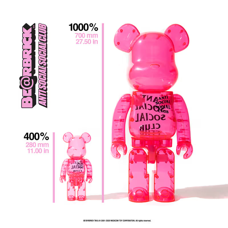 Anti Social Social Club ASSC x Medicom Toy Bearbrick 400% 1000% Be@rbrick Pink