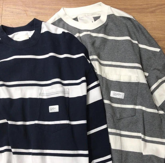 Pin Sktbs Multi Stripe Pocket LS Tee Wide Striped Navy Grey