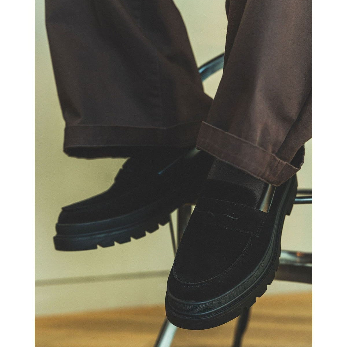 Beams Heart JP Volume Sole Coin Loafers Black Suede / Black Smooth