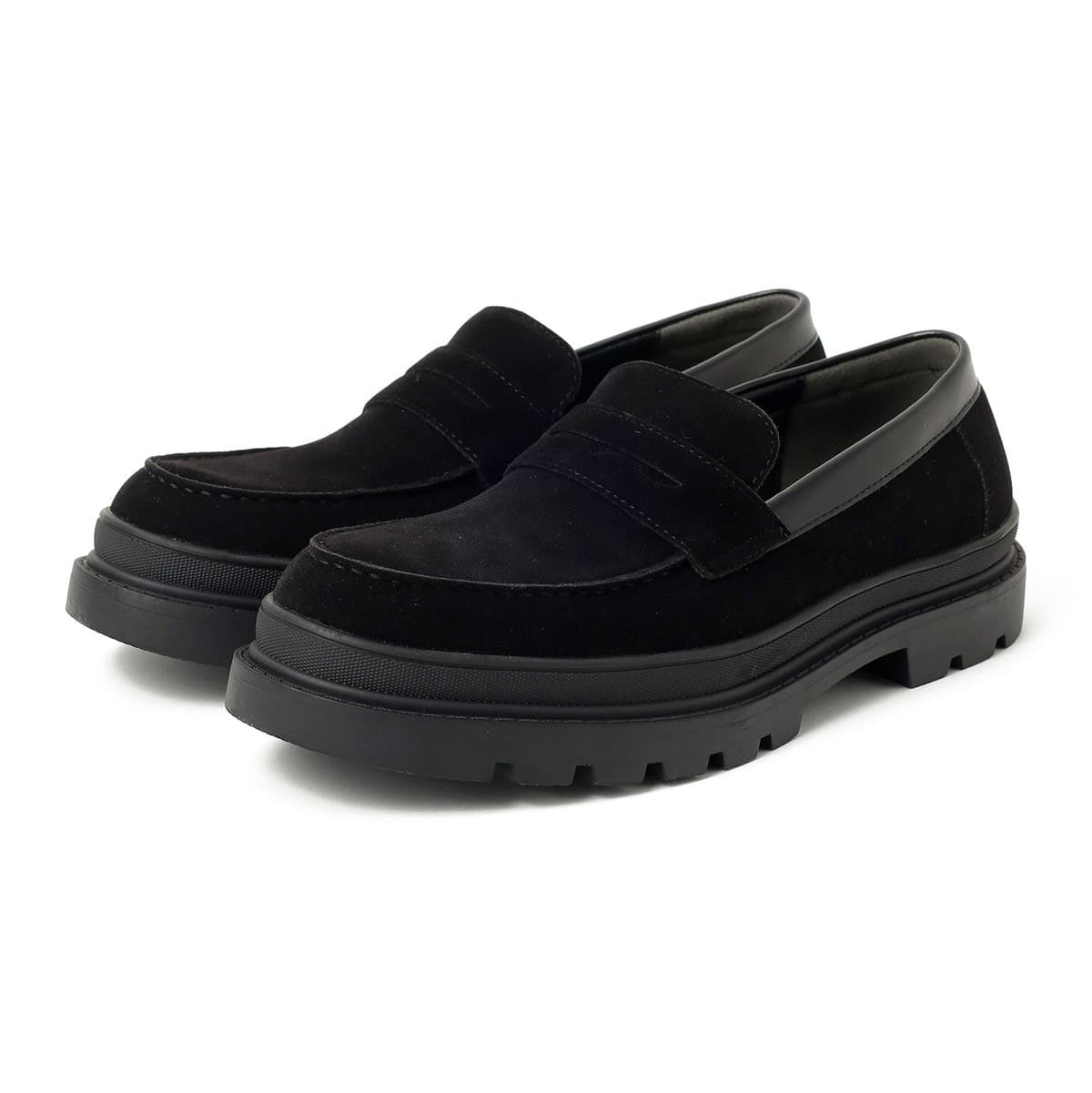 Beams Heart JP Volume Sole Coin Loafers Black Suede / Black Smooth