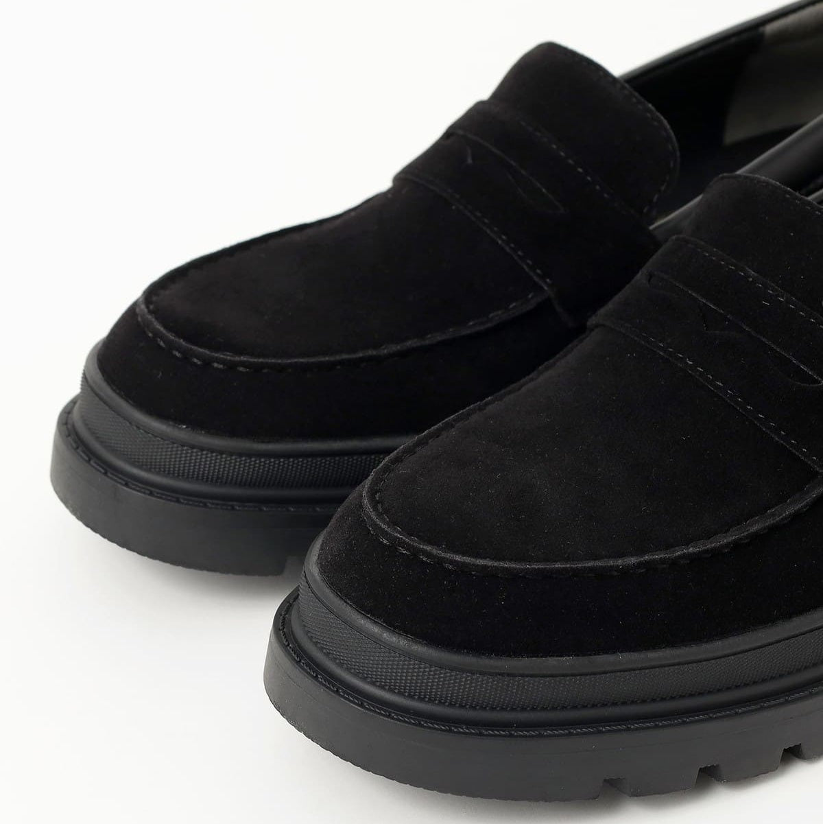 Beams Heart JP Volume Sole Coin Loafers Black Suede / Black Smooth