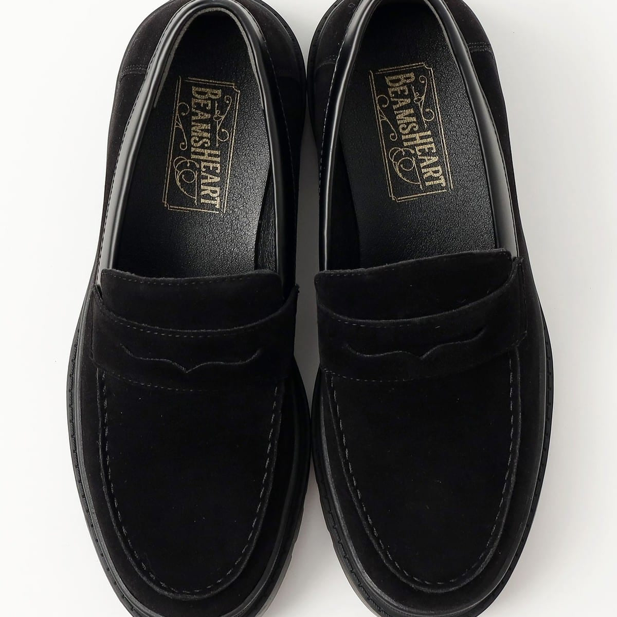 Beams Heart JP Volume Sole Coin Loafers Black Suede / Black Smooth