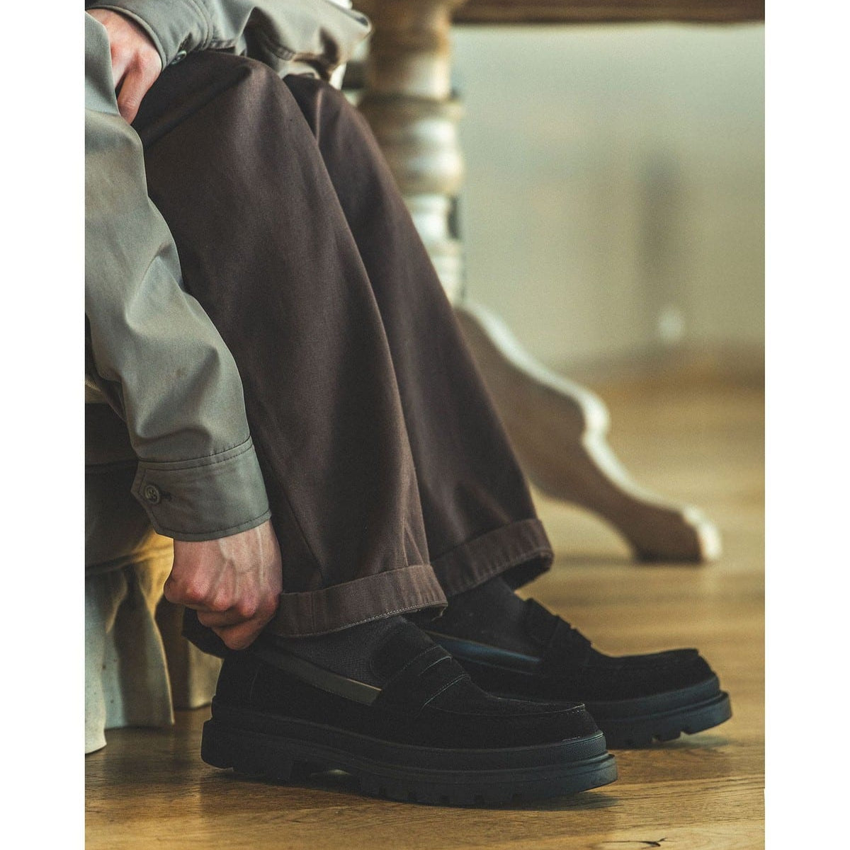 Beams Heart JP Volume Sole Coin Loafers Black Suede / Black Smooth