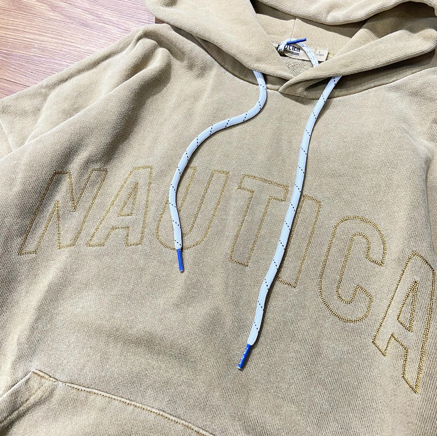 Nautica White Sail Label Pigment Dyed Arch Logo Hooded Sweatshirts Hoodie Khaki