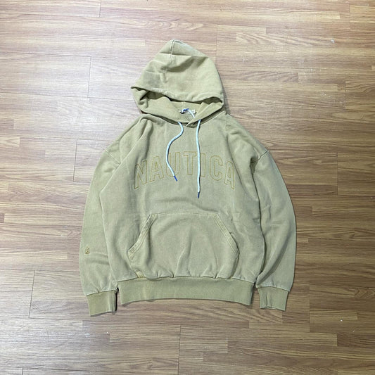 Nautica White Sail Label Pigment Dyed Arch Logo Hooded Sweatshirts Hoodie Khaki