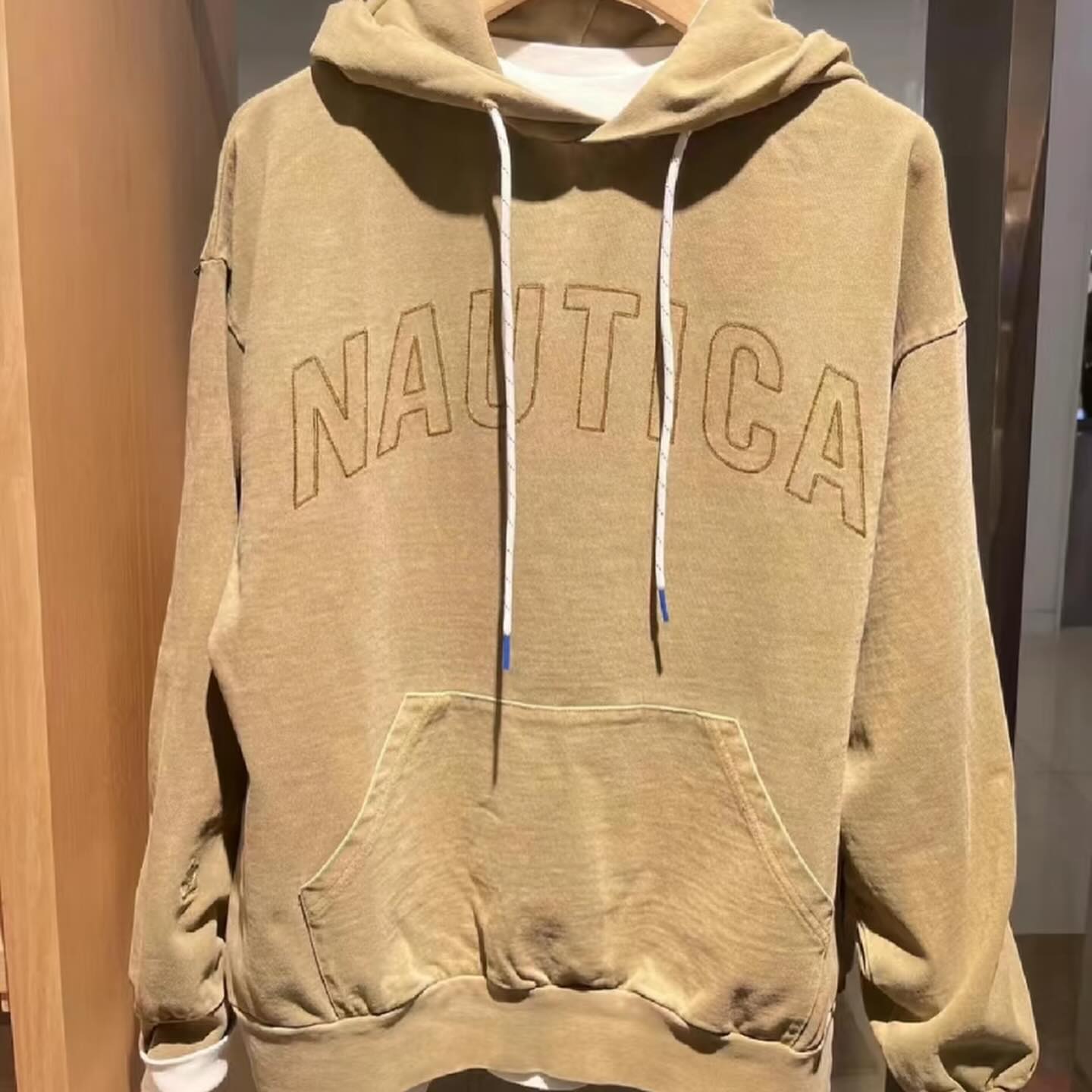 Nautica White Sail Label Pigment Dyed Arch Logo Hooded Sweatshirts Hoodie Khaki
