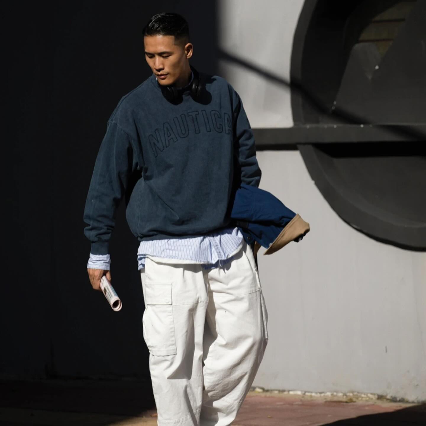 Nautica White Sail Label Pigment Dyed Arch Logo Sweat Crewneck