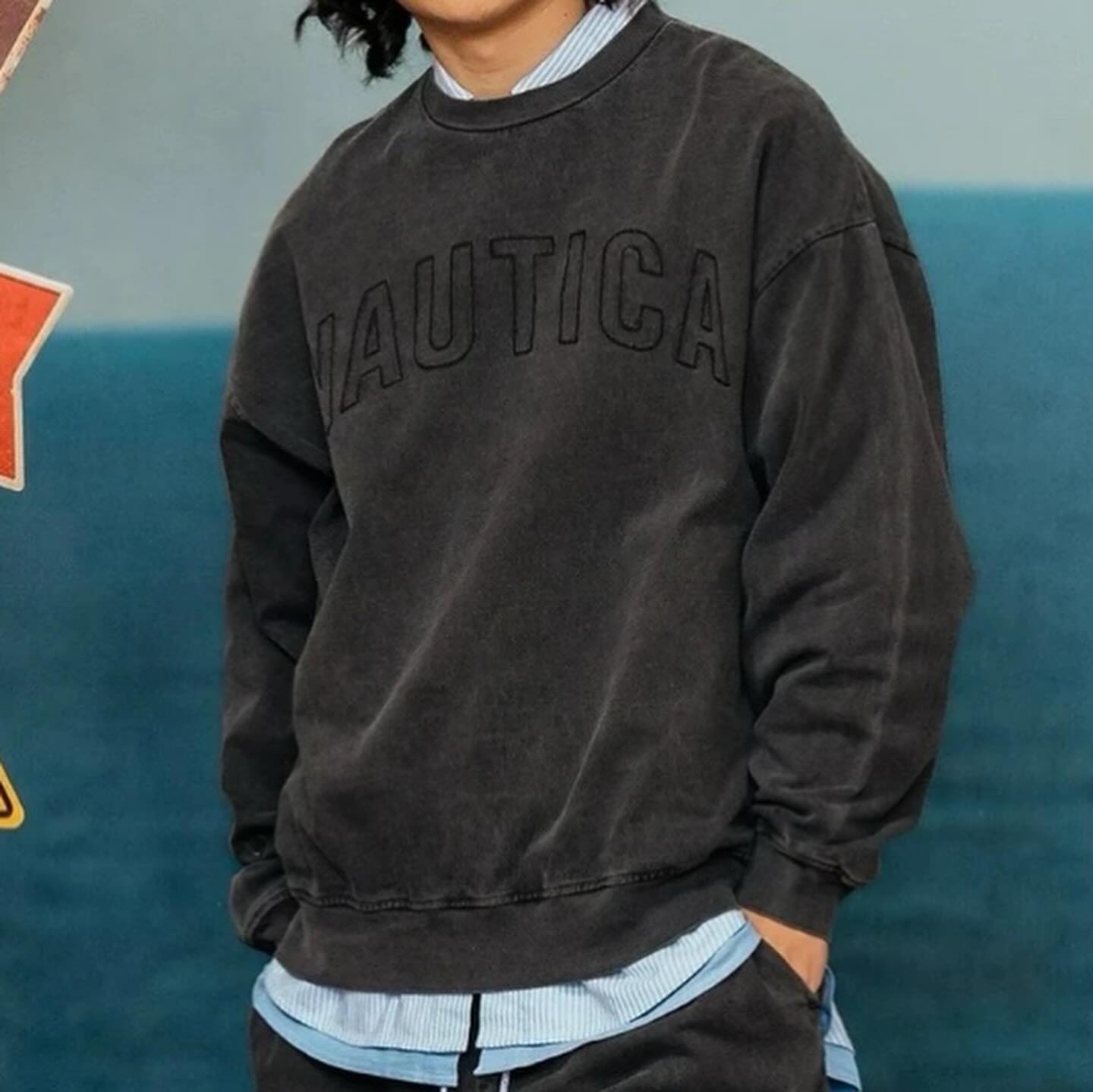 Nautica White Sail Label Pigment Dyed Arch Logo Sweat Crewneck