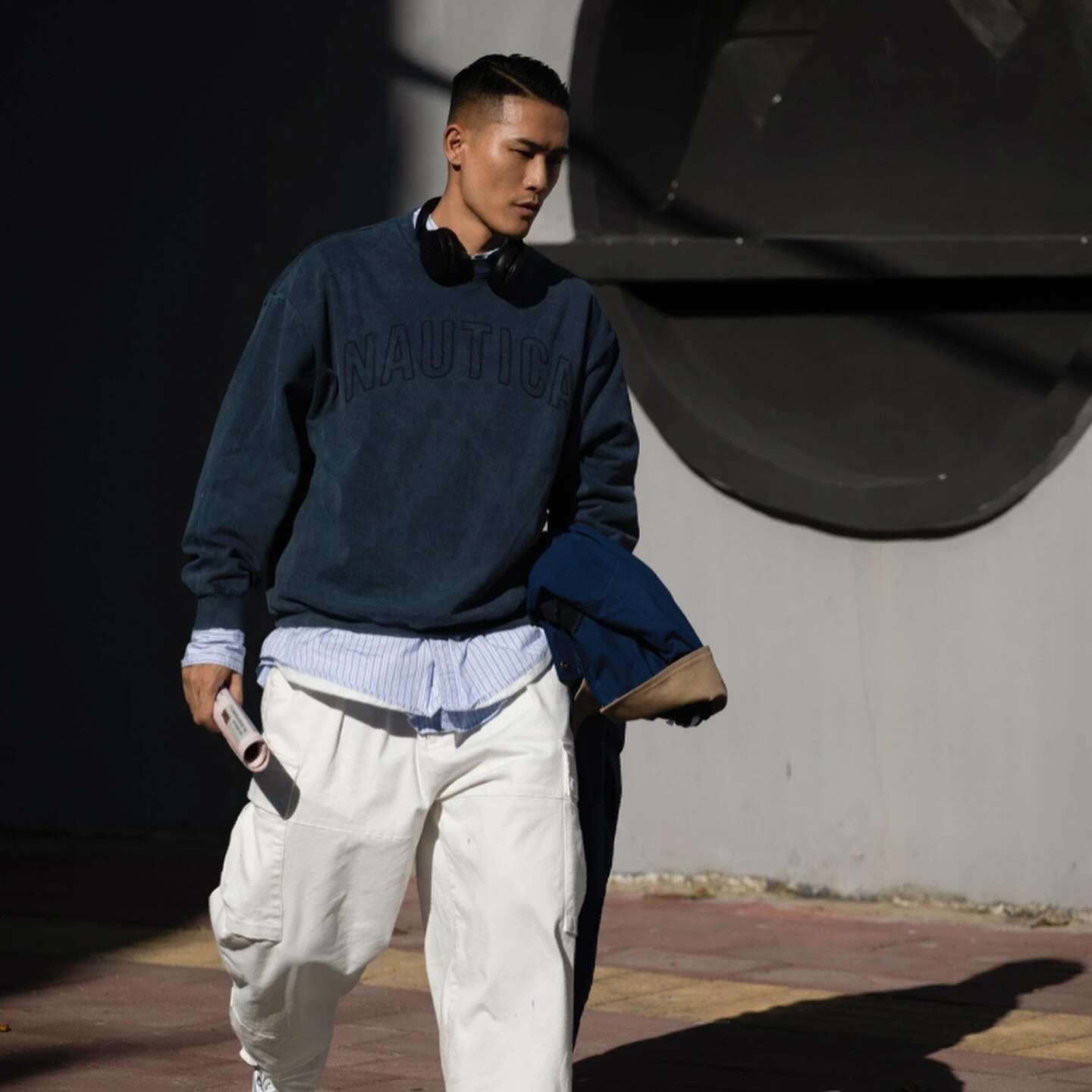 Nautica White Sail Label Pigment Dyed Arch Logo Sweat Crewneck