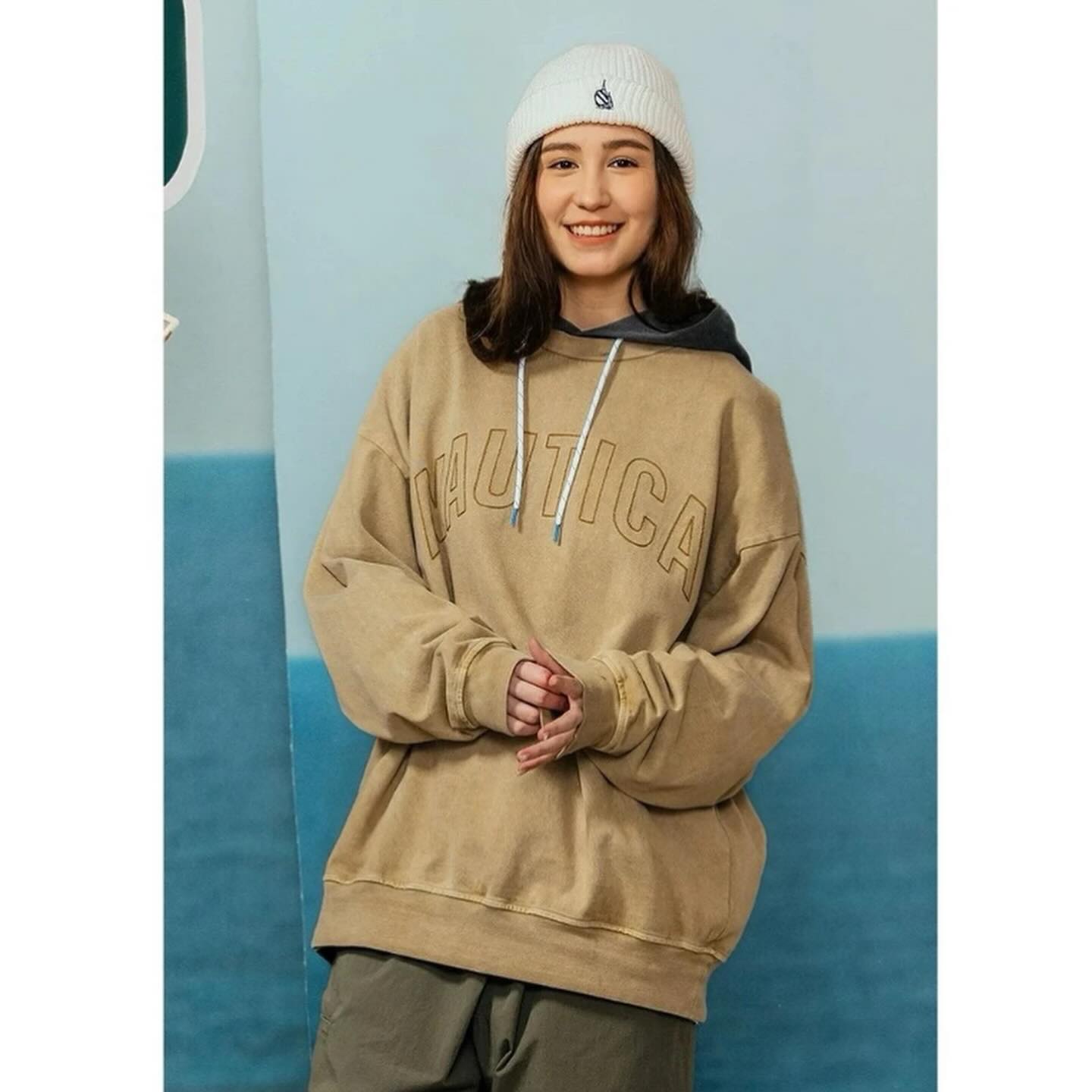 Nautica White Sail Label Pigment Dyed Arch Logo Hooded Sweatshirts Hoodie Khaki