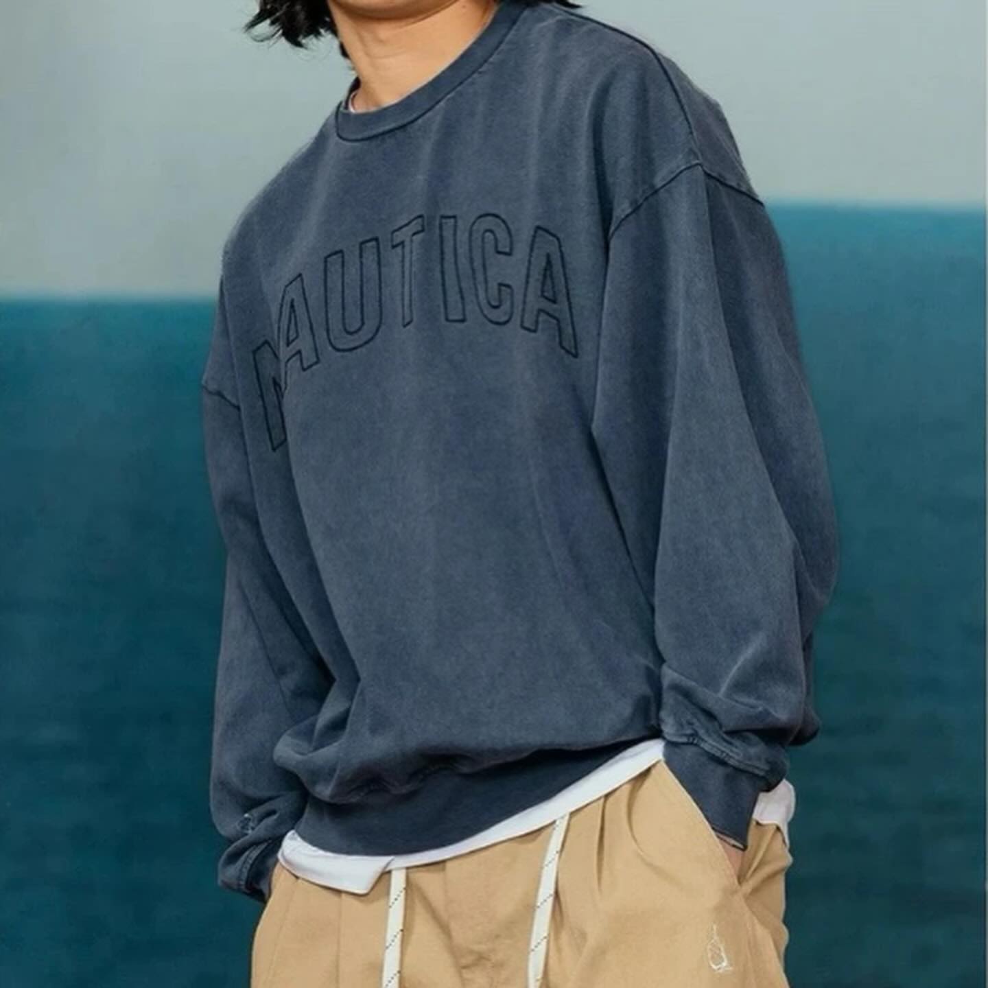 Nautica White Sail Label Pigment Dyed Arch Logo Sweat Crewneck
