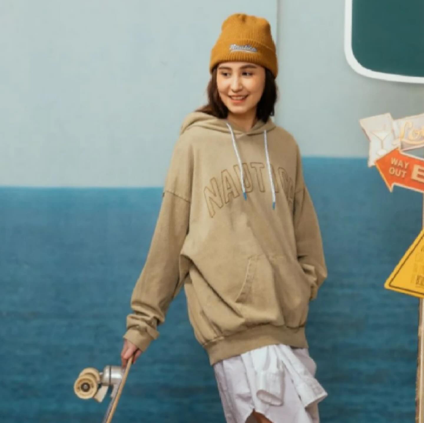 Nautica White Sail Label Pigment Dyed Arch Logo Hooded Sweatshirts Hoodie Khaki