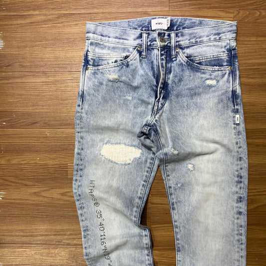 WTAPS BLUE SKINNY TRASH TROUSERS / COTTON. DENIM (Made in Japan) Bleached Blue
