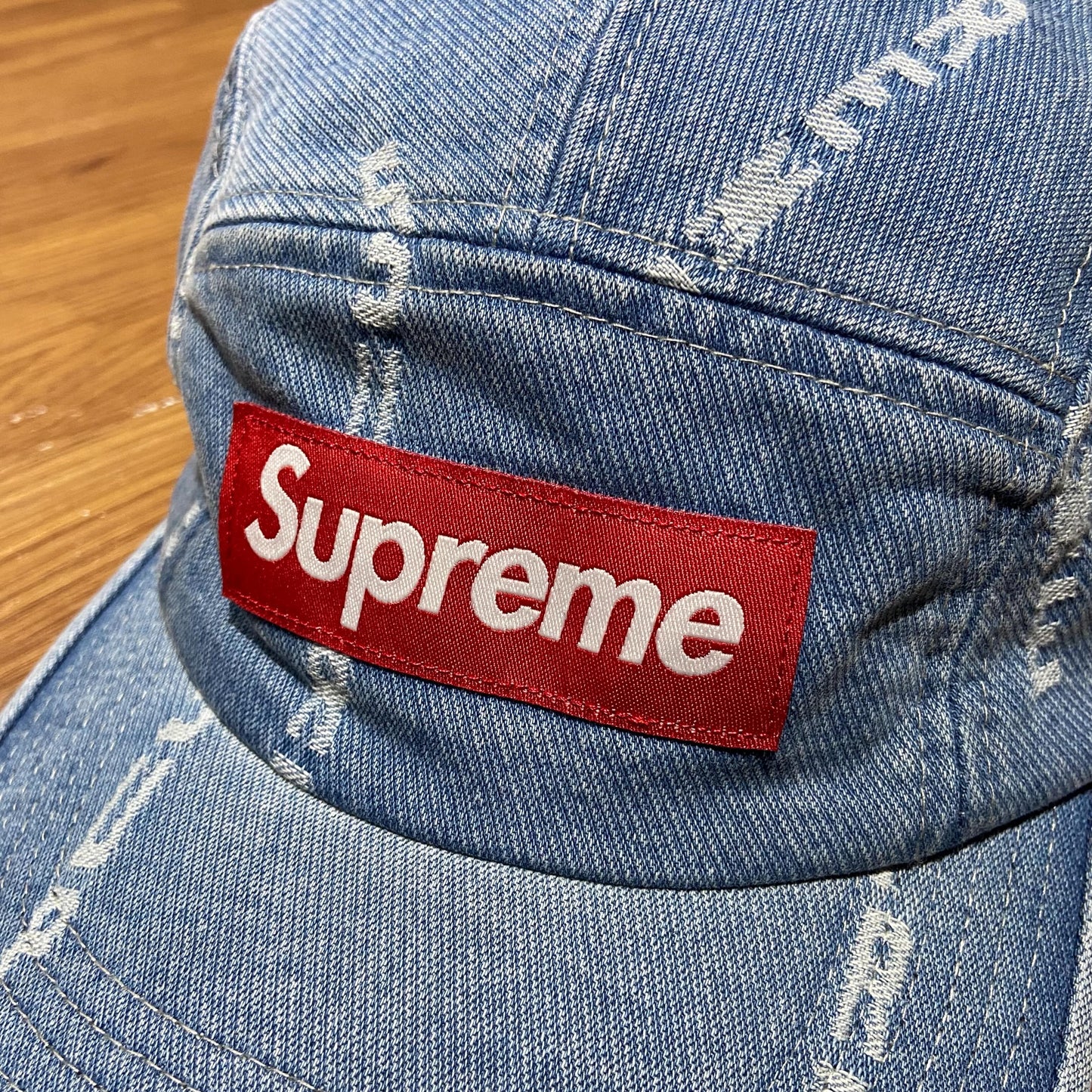 Supreme Logo Stripe Jacquard Denim Camp Cap (Made in USA) Blue Denim