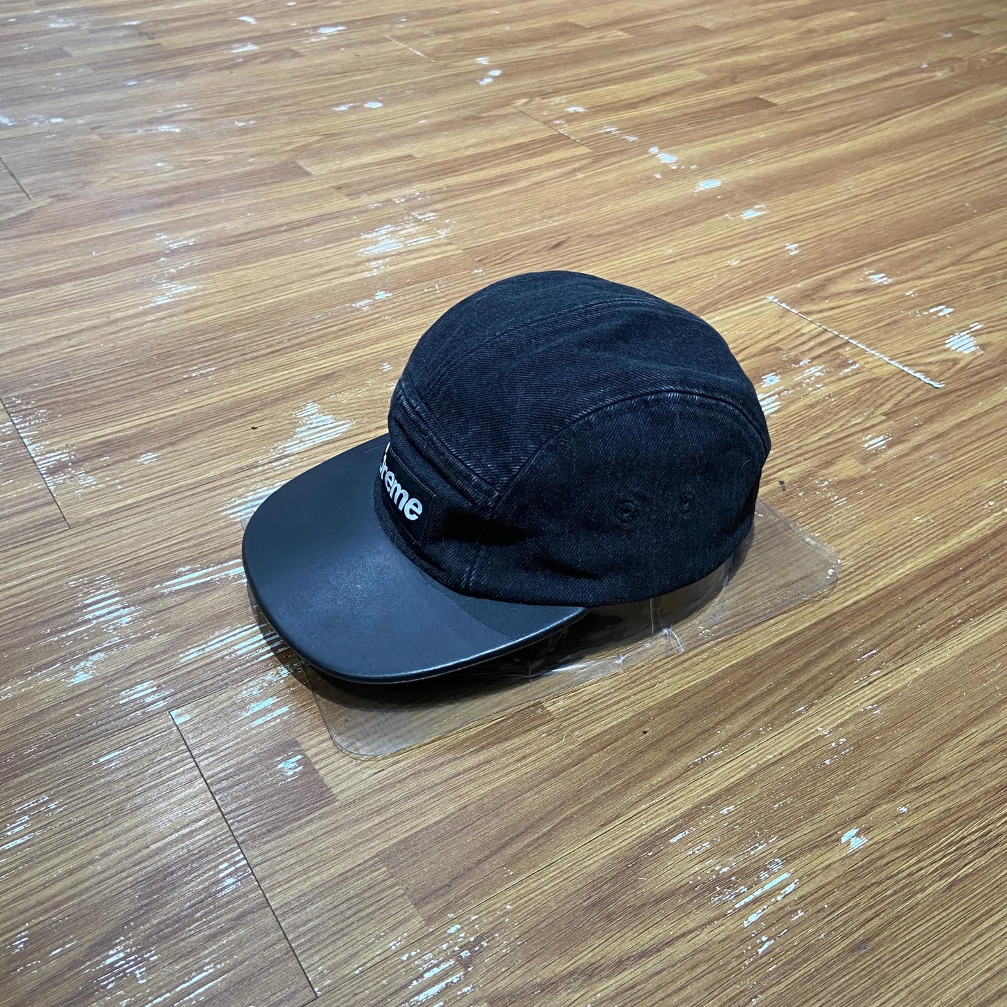 Supreme Denim Leather Visor Camp Cap (Made in USA) Black Denim (Display Item)
