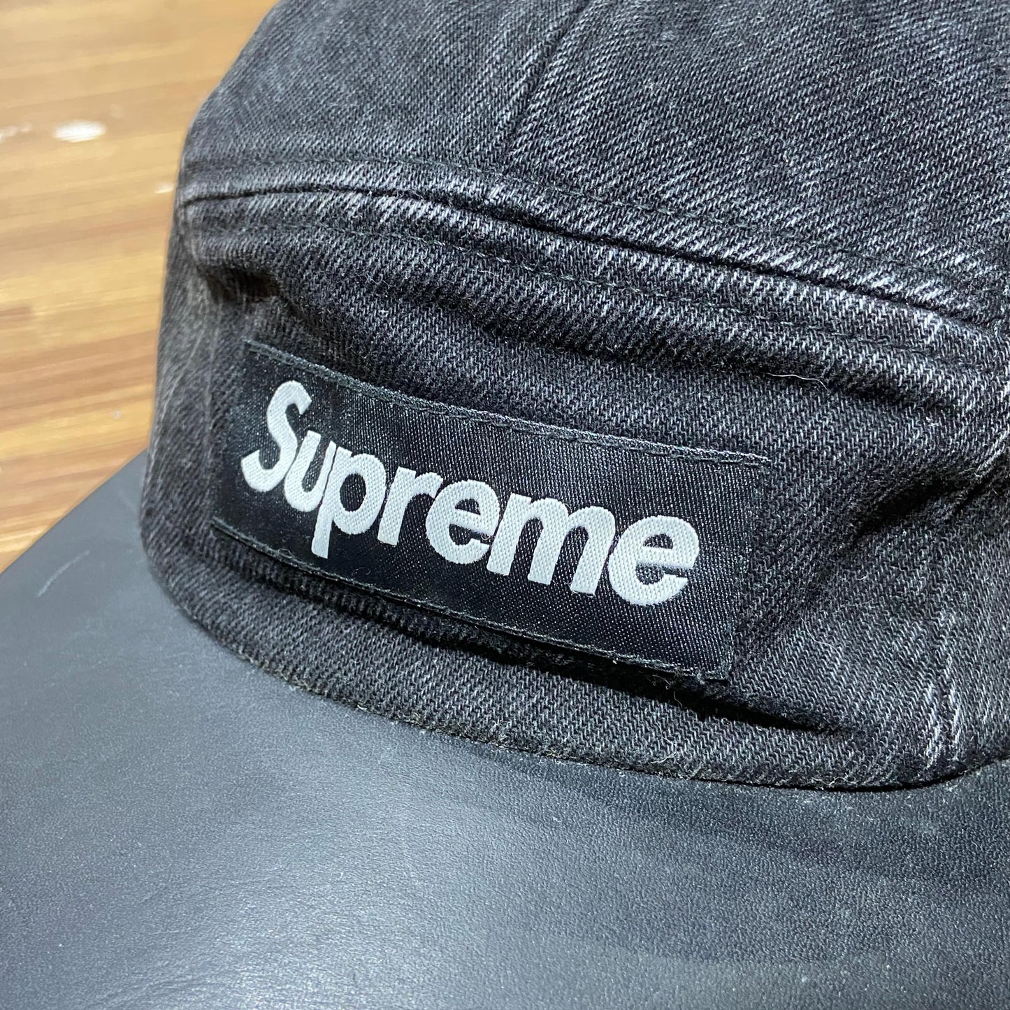 Supreme Denim Leather Visor Camp Cap (Made in USA) Black Denim (Display Item)