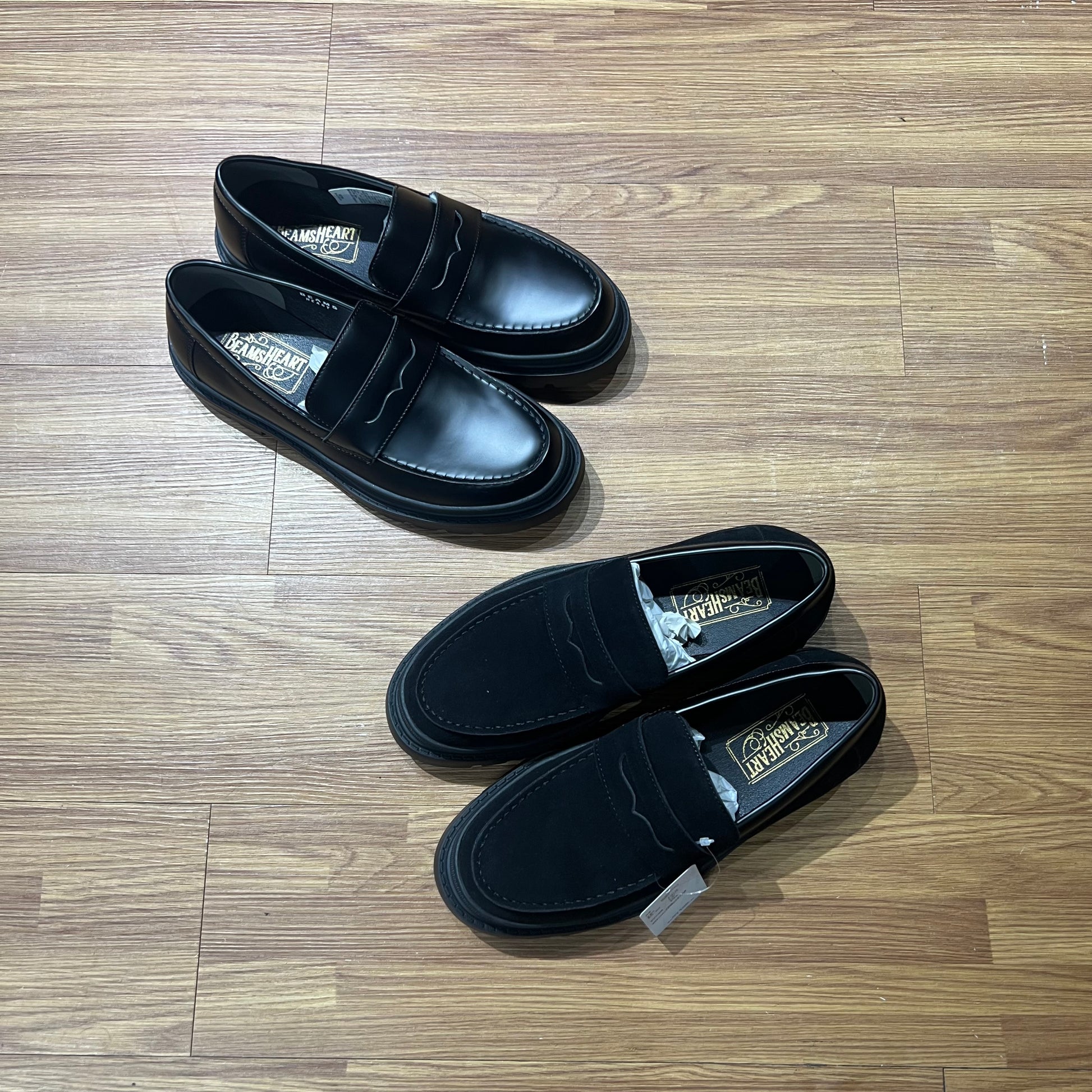 Beams Heart JP Volume Sole Coin Loafers Black Suede / Black Smooth 實拍