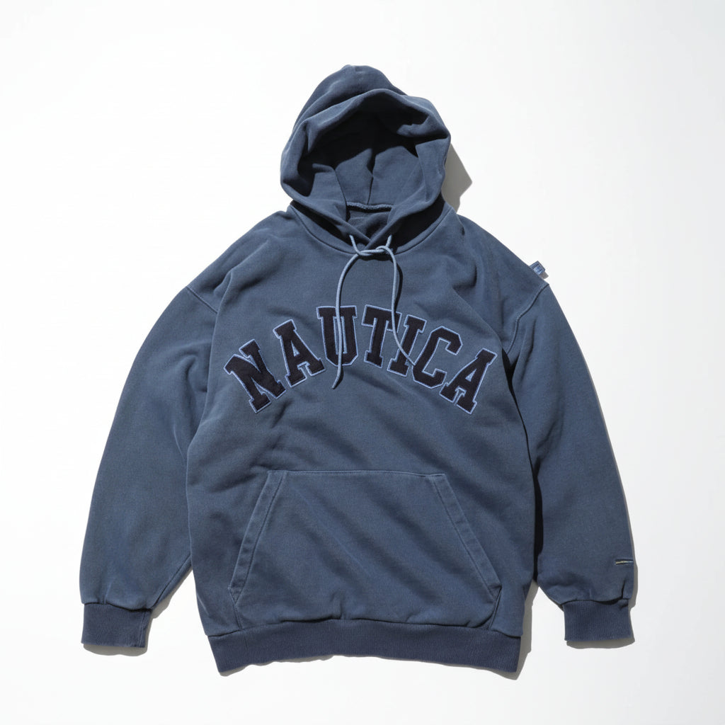 Nautica JP 22AW Pigment Dyed Shoulder Tag Arch Logo Hoodie 2.4 Navy