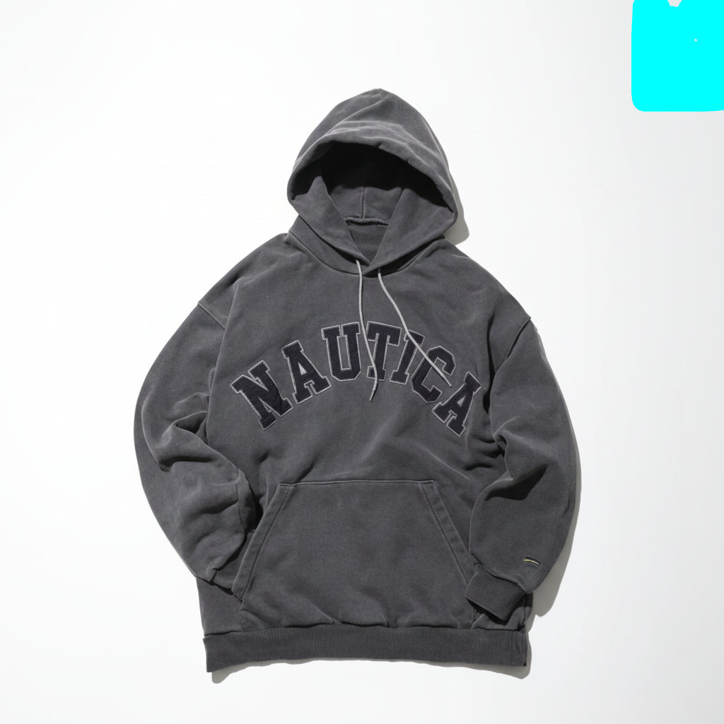 Nautica JP Pigment Dyed Shoulder Tag Arch Logo Hoodie 2.4 Black