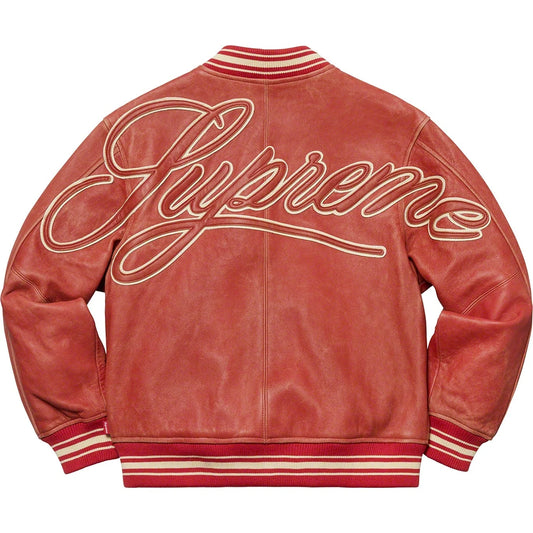 Supreme SS19 Worn Leather Varsity Jacket Red