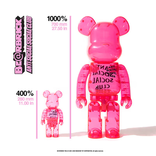 Anti Social Social Club ASSC x Medicom Toy Bearbrick 400% 1000% Be@rbrick Pink